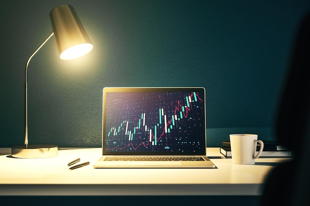 Abstraktes kreatives Finanzdiagramm auf modernem Laptop-Bildschirm Forex und Anlagekonzept 3D-Rendering