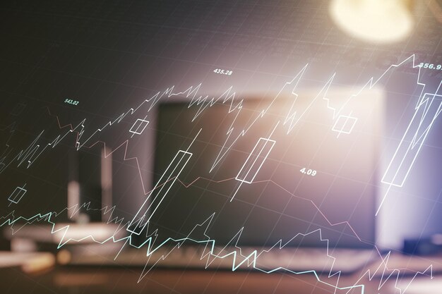 Abstraktes kreatives Finanzdiagramm auf modernem Laptop-Hintergrund Forex und Anlagekonzept Mehrfachbelichtung