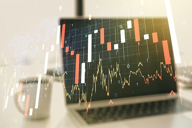 Abstraktes kreatives Finanzdiagramm mit Weltkarte auf modernem Laptop-Hintergrund Forex und Anlagekonzept Mehrfachbelichtung