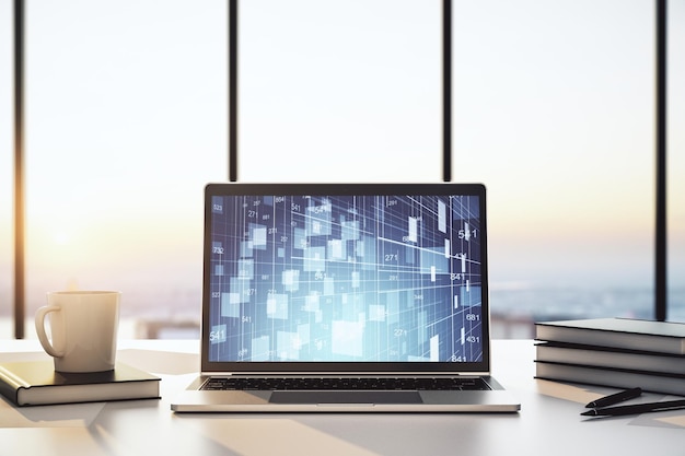 Abstraktes kreatives Statistik-Datenhologramm auf modernem Computermonitor-Analyse- und Prognosekonzept 3D-Rendering