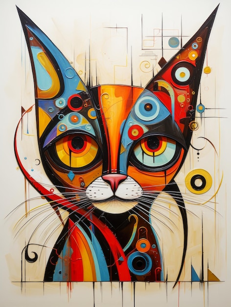 Abstraktes kubistisches Gemälde einer Katze Ein lebendiges Kunstwerk mit einer stilisierten Katze, die im kubistischen Stil mit lebendigen Farben und geometrischen Formen gemalt wurde.