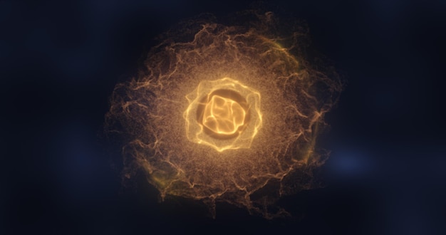 Abstraktes Kugelatom mit Elektronen, die leuchtend gelbe, helle Teilchen fliegen, und magischem Energiefeld