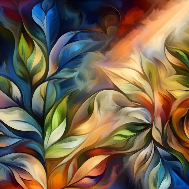 Abstraktes Kunstwerk mit Hypermaximalismus und lebendigen Farben, inspiriert von Blättern