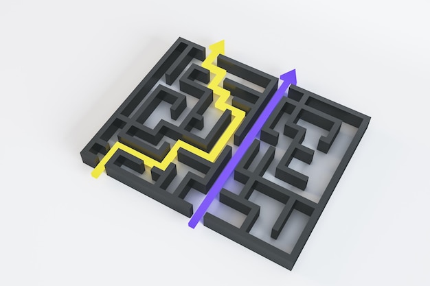 Abstraktes Labyrinth mit Pfeilen auf weißem Hintergrund Einfache Lösung und Komplikationskonzept 3D-Rendering