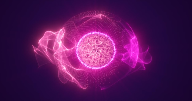 Abstraktes lila rundes Energiemolekül aus futuristischen Hightech-Leuchtpartikeln