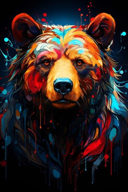 Foto abstraktes mehrfarbiges neonporträt eines bären, das im stil der pop-art nach vorne schaut