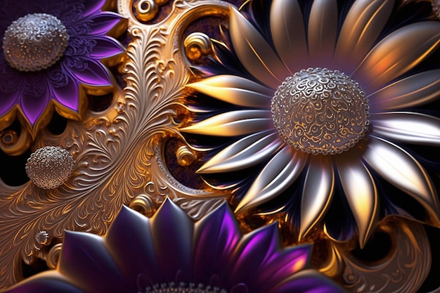 Abstraktes metallisches Blumenmuster hautnah in lila und goldenen Farben