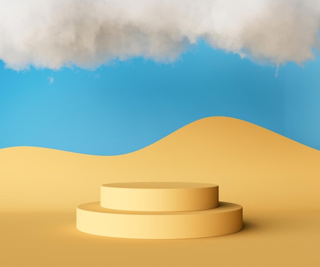 Foto abstraktes mockup-podium für produktpräsentation, blauer und gelber hintergrund mit wolken, 3d-rendering