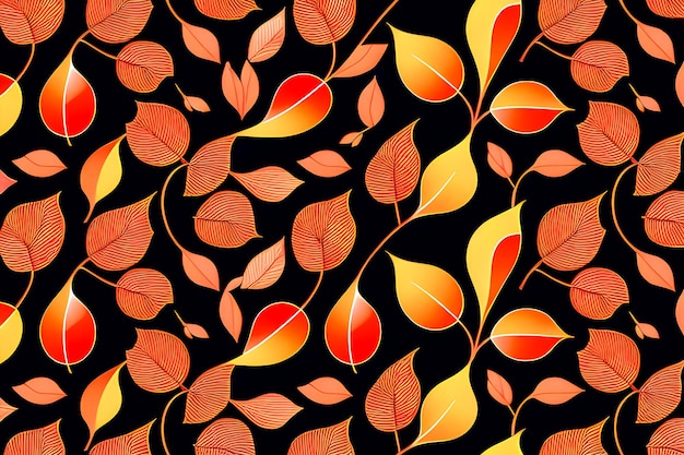 Abstraktes Muster aus Herbstblättern auf schwarzem Hintergrund Generative KI