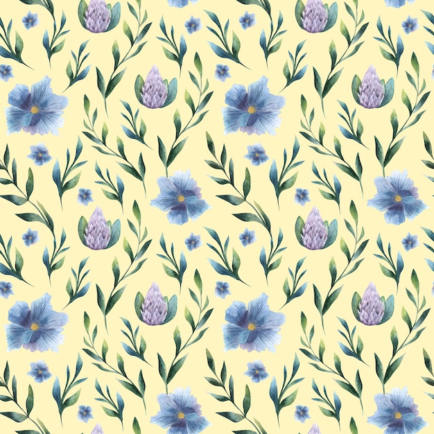 Abstraktes nahtloses Blumenpatten mit grünen Blättern und blauen und purpurroten Blumenaquarellillustratio
