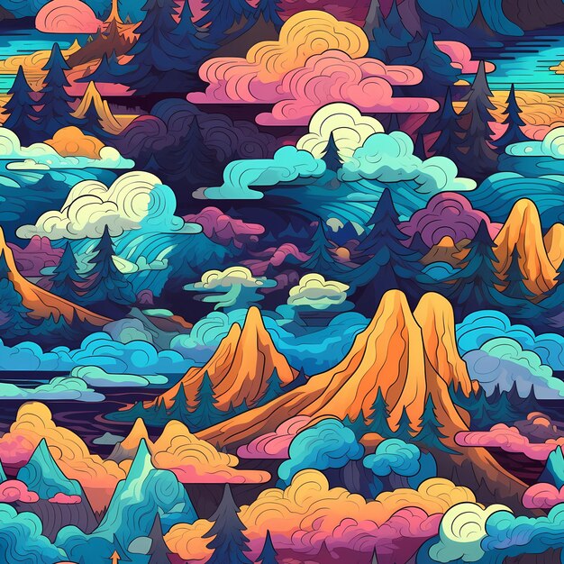 Abstraktes, nahtloses Muster mit regenbogenfarbenen Waldbäumen und Hügeln. Hintergrund für verschiedene Oberflächen, perfekt für bedruckte Textilstoff-Kindertapeten