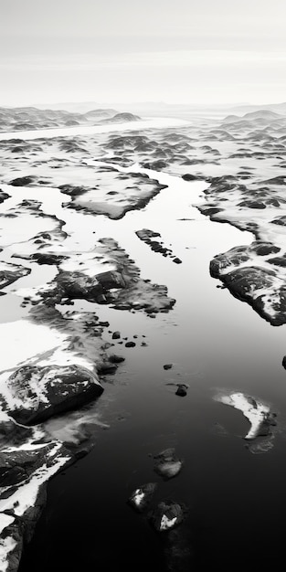 Abstraktes Naturalismus Schwarz-Weiß-Luftfotografie arktischer Flüsse und Eisberge