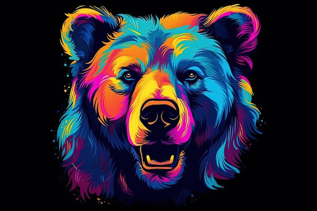 Abstraktes Neonporträt eines Bärenkopfes und eines Grizzlybären im Stil der Pop-Art, hervorgehoben auf schwarzem Hintergrund. Generative KI-Illustrationsgrafiken