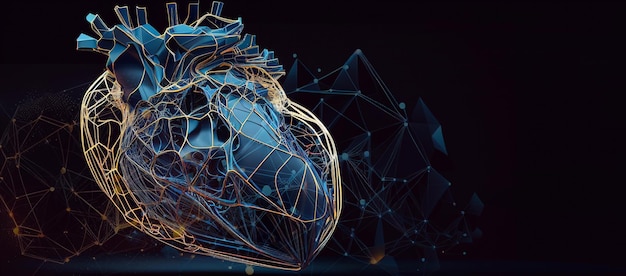 Abstraktes, niedrig-polygonales menschliches Herz, erstellt aus Punkten, Dreiecken, Linien. Anatomie, Medizin. Leuchtender blauer Hintergrund. Illustration. Generative KI