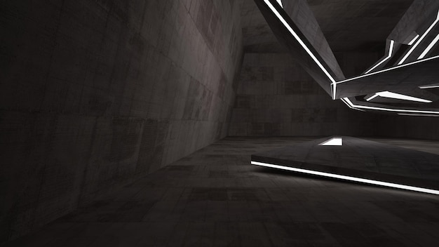 Abstraktes parametrisches Interieur aus Beton mit Neonbeleuchtung 3D-Illustration und Rendering