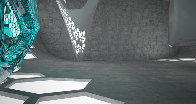 Abstraktes parametrisches Interieur aus Beton mit Neonbeleuchtung 3D-Illustration und Rendering