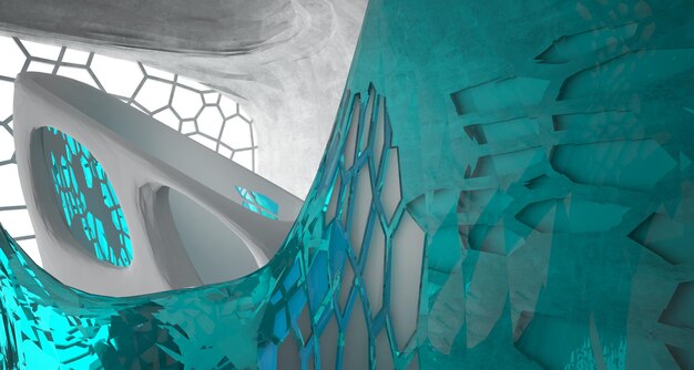 Abstraktes parametrisches Interieur aus Beton mit Neonbeleuchtung 3D-Illustration und Rendering