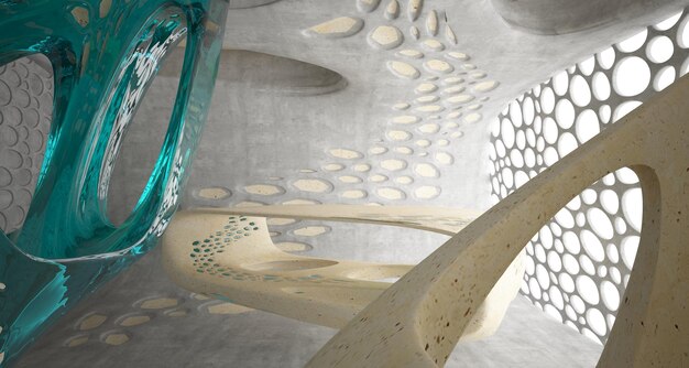 Abstraktes parametrisches Interieur aus Beton mit Neonbeleuchtung 3D-Illustration und Rendering