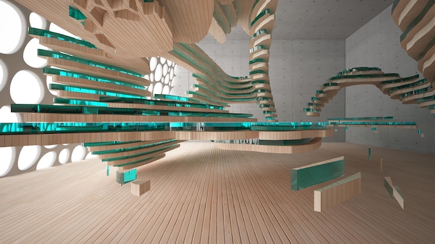 Abstraktes parametrisches Interieur aus Beton und Holz mit 3D-Darstellung und Rendering von Fenstern