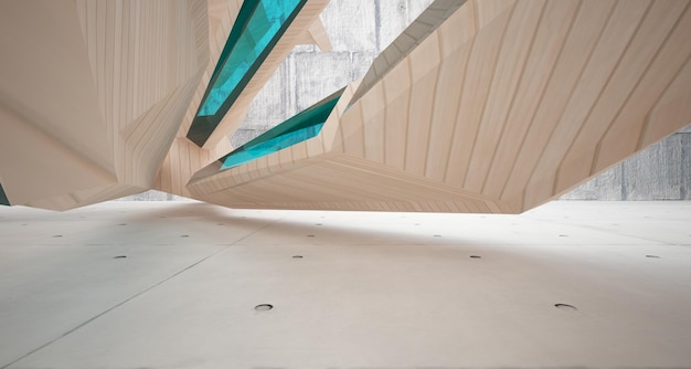 Abstraktes parametrisches Interieur aus Beton und Holz mit 3D-Darstellung und Rendering von Fenstern