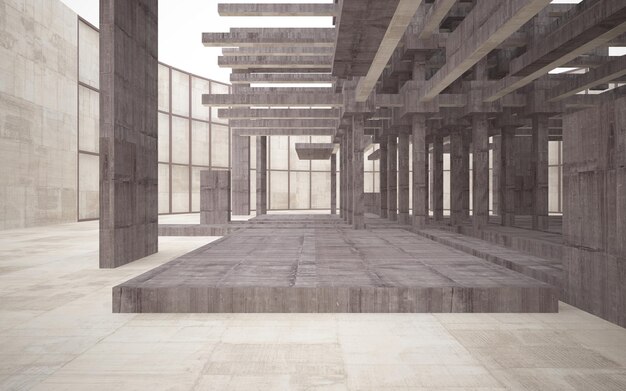 Abstraktes parametrisches Interieur aus Weiß und Beton mit 3D-Darstellung und Rendering von Fenstern