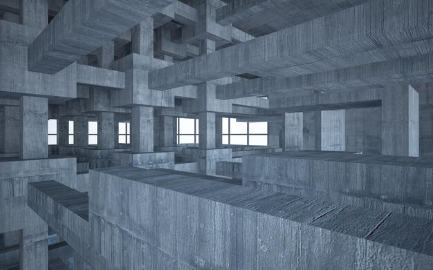 Abstraktes parametrisches Interieur aus Weiß und Beton mit 3D-Darstellung und Rendering von Fenstern