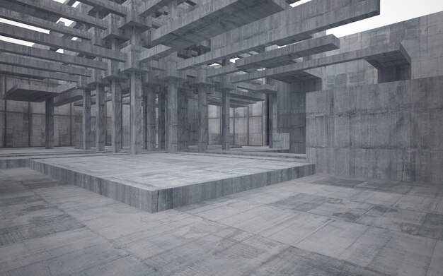 Abstraktes parametrisches Interieur aus Weiß und Beton mit 3D-Darstellung und Rendering von Fenstern