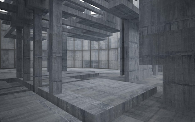 Abstraktes parametrisches Interieur aus Weiß und Beton mit 3D-Darstellung und Rendering von Fenstern