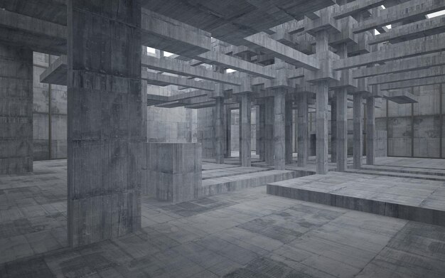 Abstraktes parametrisches Interieur aus Weiß und Beton mit 3D-Darstellung und Rendering von Fenstern