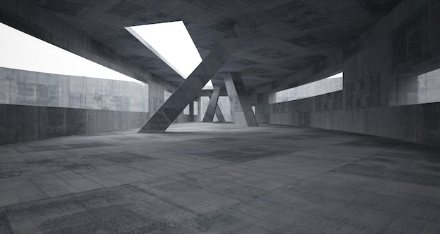 Abstraktes parametrisches Interieur aus Weiß und Beton mit 3D-Darstellung und Rendering von Fenstern