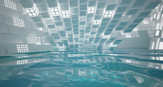 Abstraktes parametrisches Interieur aus weißem und blauem Wasser mit 3D-Darstellung und Rendering von Fenstern