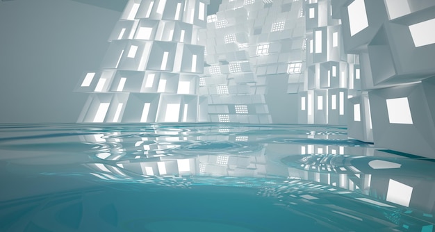 Abstraktes parametrisches Interieur aus weißem und blauem Wasser mit 3D-Darstellung und Rendering von Fenstern