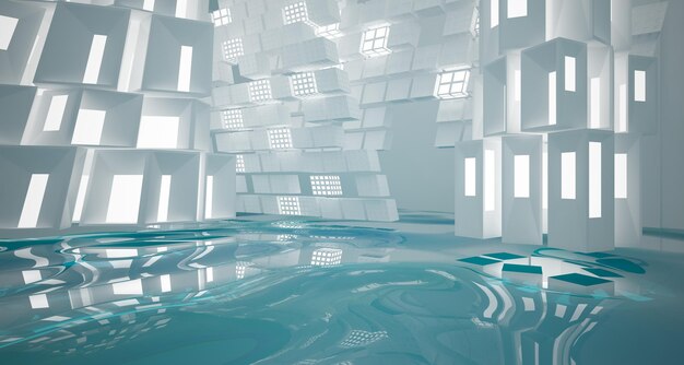 Abstraktes parametrisches Interieur aus weißem und blauem Wasser mit 3D-Darstellung und Rendering von Fenstern