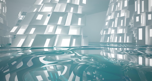 Abstraktes parametrisches Interieur aus weißem und blauem Wasser mit 3D-Darstellung und Rendering von Fenstern