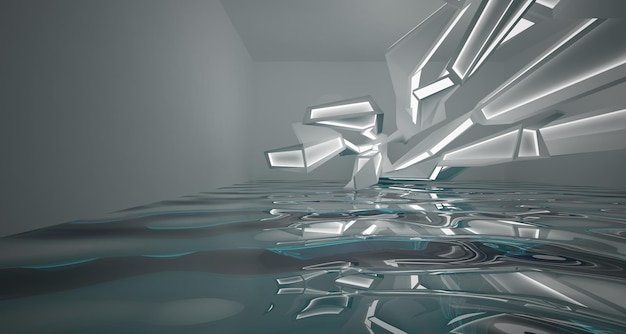 Abstraktes parametrisches Interieur aus weißem und blauem Wasser mit 3D-Darstellung und Rendering von Fenstern