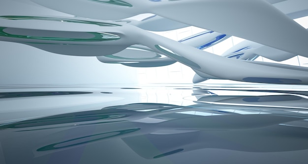 Foto abstraktes parametrisches interieur aus weißem und blauem wasser mit 3d-darstellung und rendering von fenstern