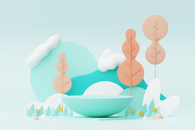 Abstraktes Pastell aus Naturblumen, Blättern und Baumpflanzen mit Podium-Standplattform Niedlicher Cartoon-Naturlandschaftshintergrund Szene aus bunten Frühlingspflanzen mit minimalem Design 3D-Render