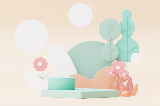 Abstraktes Pastell aus Naturblumen, Blättern und Baumpflanzen mit Podium-Standplattform Niedlicher Cartoon-Naturlandschaftshintergrund Szene aus bunten Frühlingspflanzen mit minimalem Design 3D-Render