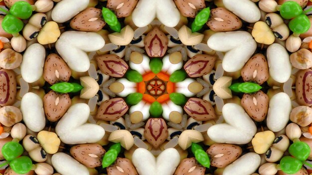 Abstraktes pflanzliches Lebensmittelkonzept symmetrisches Muster dekorative dekorative Kaleidoskopbewegung geometrische Kreis- und Sternformen