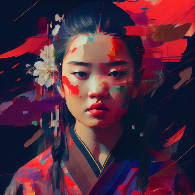 Abstraktes Porträt einer asiatischen Frau mit Glitch-Effekt-Illustration Generative KI