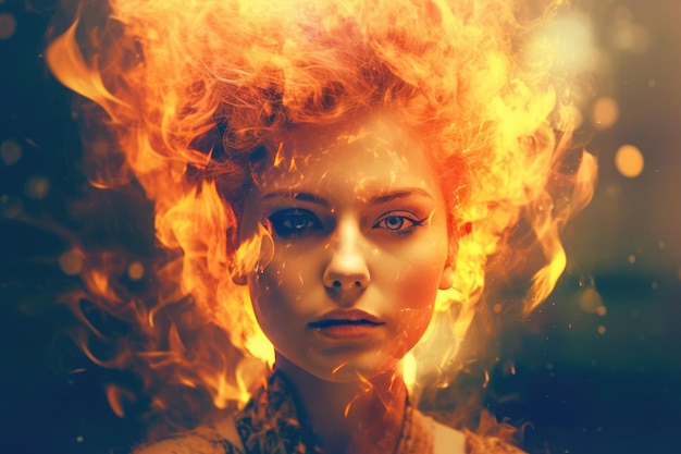 Abstraktes Porträt einer jungen Frau mit Feuer generativer KI