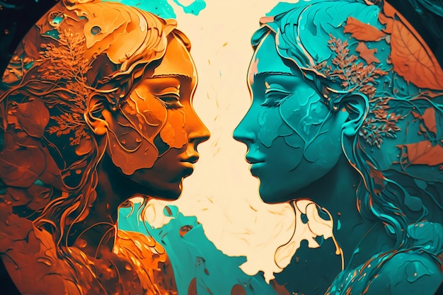 Abstraktes Porträt von schönen Zwillingen in orange und blaugrünen Farben Frauenporträt mit Doppelausstellung