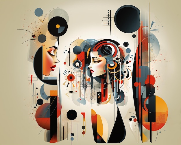 Abstraktes Porträt zweier junger Mädchen mit einer Collage aus Schwarz-Weiß- und Farbelementen im Stil des modernen Suprematismus-Kubismus. Generiert mit KI