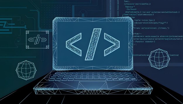 Abstraktes Programmiercode-Symbol auf einem Laptop-Bildschirm im hellblauen Low-Poly-Futuristischen-Stil