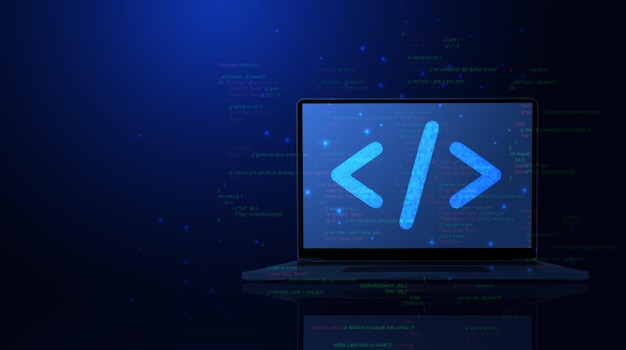Abstraktes Programmiercode-Symbol auf einem Laptop-Bildschirm in hellblauem Low-Poly-Futuristischen-Stil auf Technologie-Hintergrund