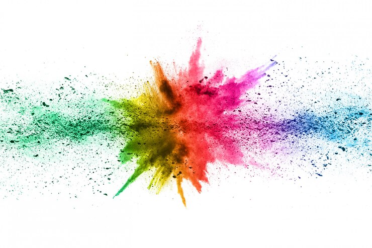 abstraktes Pulver bespritzt Hintergrund. Bunte Pulverexplosion auf weißem Hintergrund.