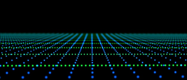 Abstraktes Raster mit blauem Licht auf schwarzem Hintergrund Wissenschaftlicher Hintergrund mit beweglichen Punkten und Linien Netzwerkverbindungstechnologie Digitale Struktur mit Teilchen 3D-Rendering