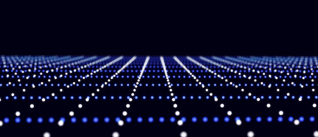 Abstraktes Raster mit blauem Licht auf schwarzem Hintergrund Wissenschaftshintergrund mit beweglichen Punkten und Linien Netzwerkverbindungstechnologie Digitale Struktur mit Partikeln 3D-Rendering