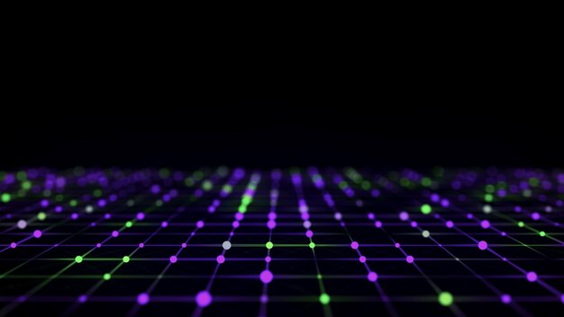 Abstraktes Raster mit blauem Licht auf schwarzem Hintergrund Wissenschaftshintergrund mit beweglichen Punkten und Linien Netzwerkverbindungstechnologie Digitale Struktur mit Partikeln 3D-Rendering