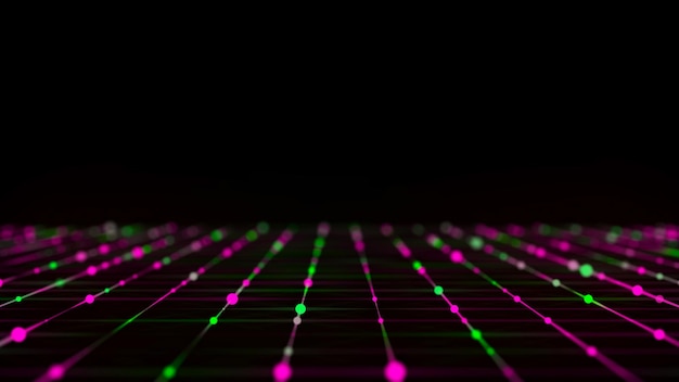 Abstraktes Raster mit rosa Licht auf schwarzem Hintergrund Wissenschaftlicher Hintergrund mit beweglichen Punkten und Linien Netzwerkverbindungstechnologie Digitale Struktur mit Teilchen 3D-Rendering